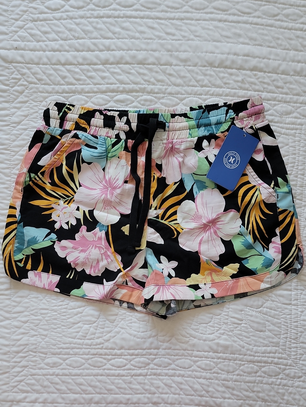 Hurley Black Tropical Floral Drawstring Shorts with Pink & Mint Accents